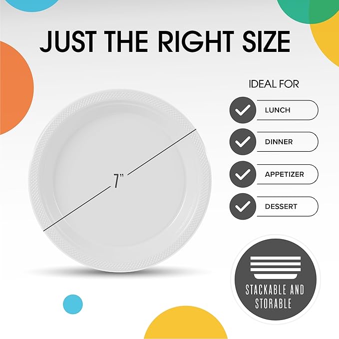 White Plastic Plates For Party 7" White Disposable Plates Heavy Duty 100 Pcs Plastic Dinnerware Sets Heavy Duty 350 GSM Disposable Dinnerware Set