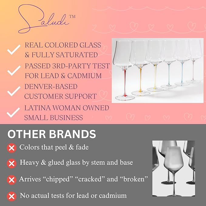 Saludi Tulip Colored Stem Wine Glasses - Set of 6 Hand Blown - Mixed Color Stems That Won’t Chip - Universal Tulip Bowl For Red And White Wine - Dishwasher Safe - Gift Ready