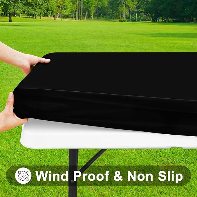Smiry Rectangle Tablecloth, Elastic Fitted Flannel Backed Vinyl Tablecloths for 8ft Folding Tables, Waterproof Wipeable Table Covers for Indoor, Outdoor, Picnic and Camping (Black, 30"x96")