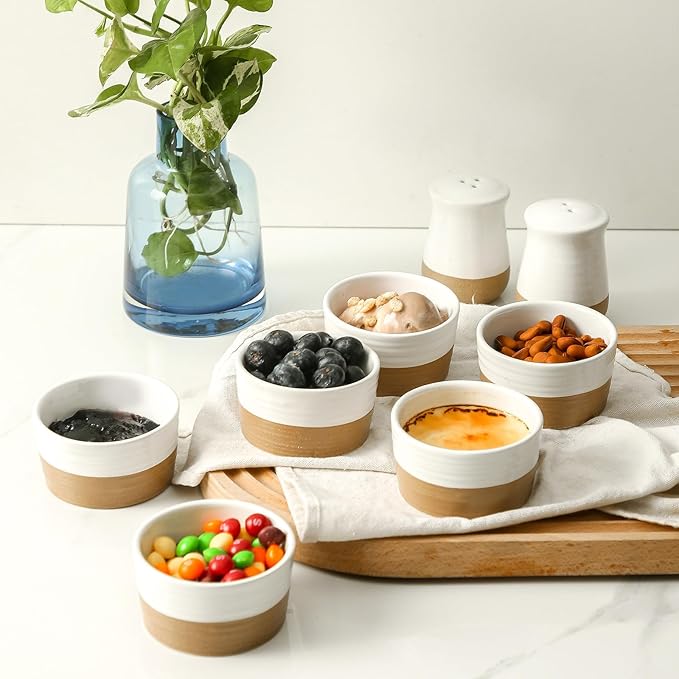 Ramekins 4 OZ Oven Safe,Set of 6 Ceramic Creme Brulee Ramekins,Mini Dessert Bowls for Souffle,Dipping Sauce,Ice Cream,Pudding and Charcuterie,Microwave & Oven Safe,Patchwork White