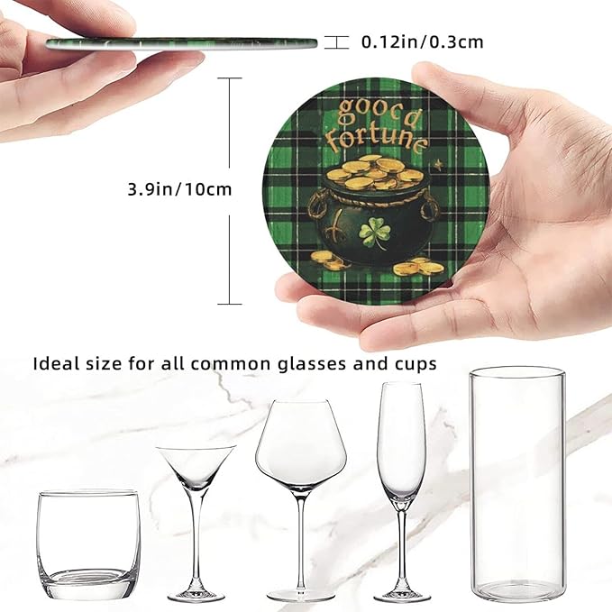 Lucky Coasters for Drinks with Holder Round Leather Coasters Set of 6 Cups Mugs Mat Pad for Home Kitchen Bar
