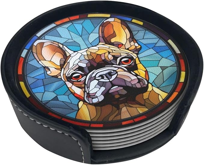 Drink Coaster Set of 6, French Bulldog Dog Mom Lover Gift,Leather Drink Coasters with Holder,6 Pack Cup/Bar/Drink Coasters for Table/Drinks/Coffee Protection Housewarming Gift