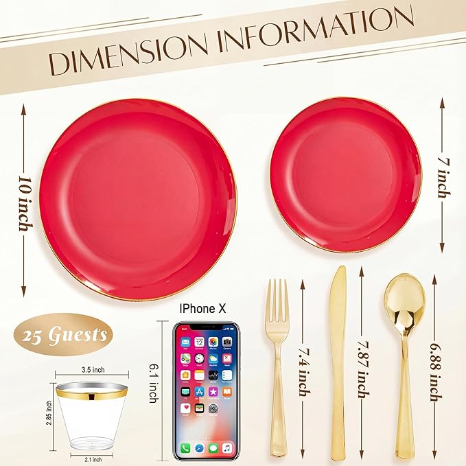 WDF 150Pcs Red Plastic Plates - Red Plates Disposable - 25Guest Christmas Dinnerware Include 25 Dinner Plate, 25 Dessert Plate, 75 Cutlery & 25 9oz Cups for Parties Valentine's Day
