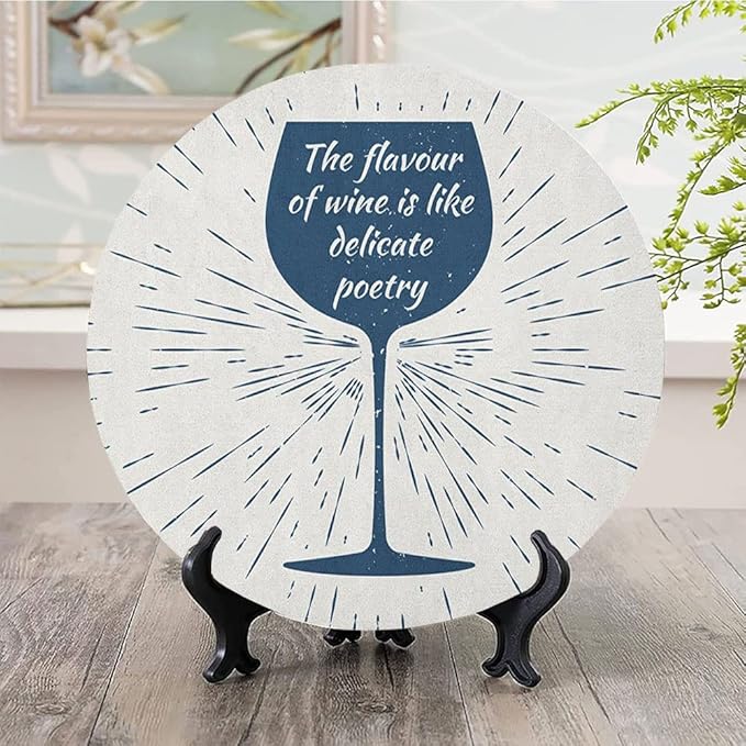 Ceramic Display Plate, Wine Ceramic Hanging Decorative Plate, Wine Glass and Vintage Sun Burst Frame, 10 Inch, Household Custom Ceramic Plate, Night Blue White