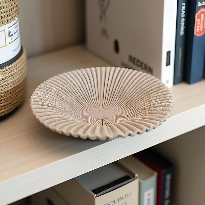 Decorative Bowl decor Tray, Scalloped Pedestal Bowls for Modern Home Decor,Ruffle Decor,Stylish Key Bowl for Entry Table,Decorative Fruit Bowl for Kitchen Counter,Artificial Stone Beige