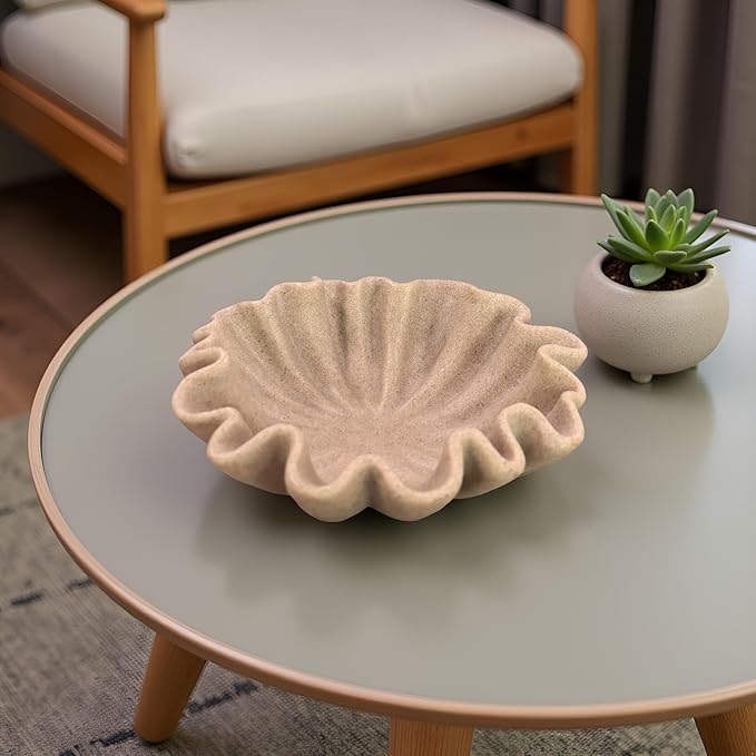 10" Large Handmade Decorative Bowl decor , Handicraft Scalloped Bowls for Modern Home Decor,Ruffle Decor,Key Bowl for Entry Table,Decorative Fruit Bowl for Kitchen Counter,Artificial Stone Beige