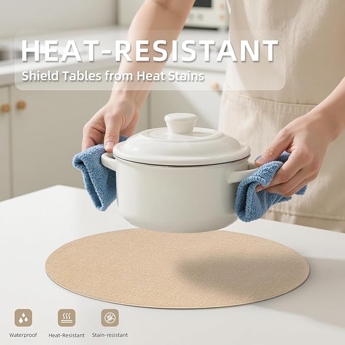 Round Wipeable Placemats Set of 2 – Faux Leather Round Table Mats, Waterproof & Washable Vinyl Placemats, Circle Design for Dining Table Decor– Warm Tan