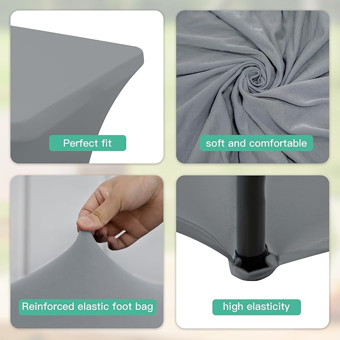 8FT Table Cloth for Rectangular Fitted Events Stretch Grey Table Covers Washable Spandex Tablecloth Protector for Party, Wedding, Cocktail, Banquet, Festival