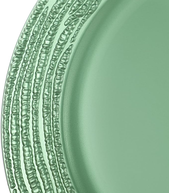100 PCS Antique Charger Plates Bulk, 13 Inch Round Textured Edge Plastic Dinner Chargers, Bulk Plastic Charger Plates Set for Wedding, Party, Table Decor (Green)