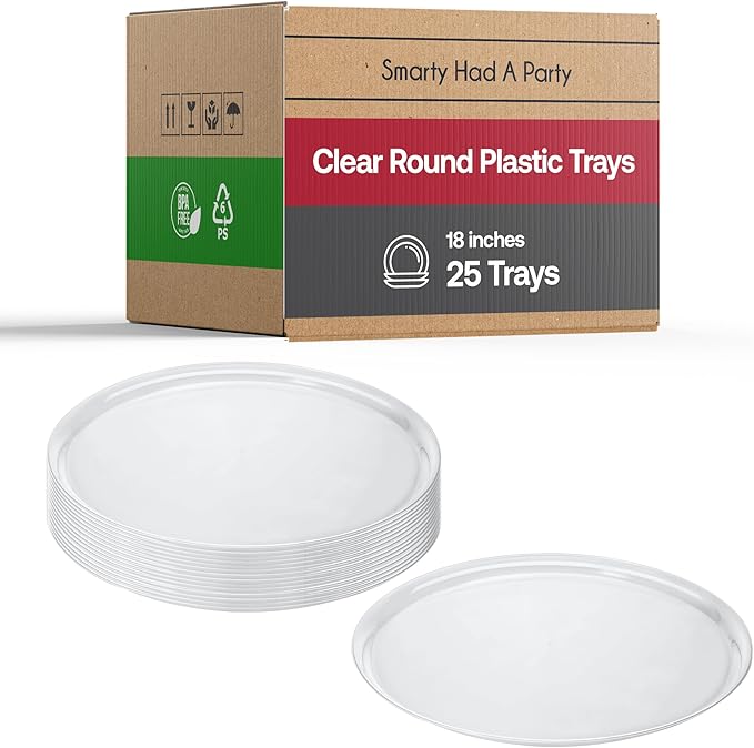 Smarty Had A Party 18 Inch Clear Round Plastic Serving Tray – Elegant Large Plastic Serving Trays for Parties, Catering & Buffets, Heavy-Duty Disposable Party Platters – Set of 25