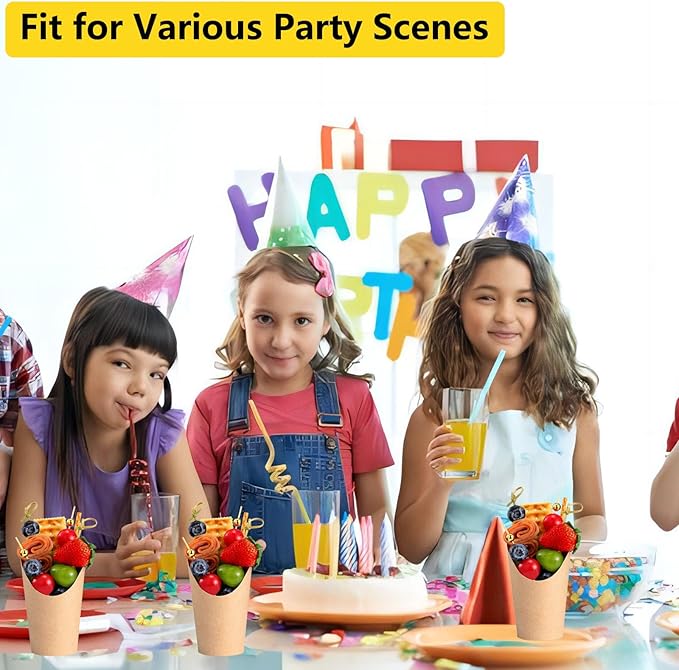 50 Pcs Charcuterie Cups with Skewers, 12 Oz Paper Snack Appetizer Cups with Cocktail Picks, French Fry Holder Brown Kraft , Disposable Popcorn Boxes Cones, Party Board Favor(50 ConeCups + 200 Sticks)