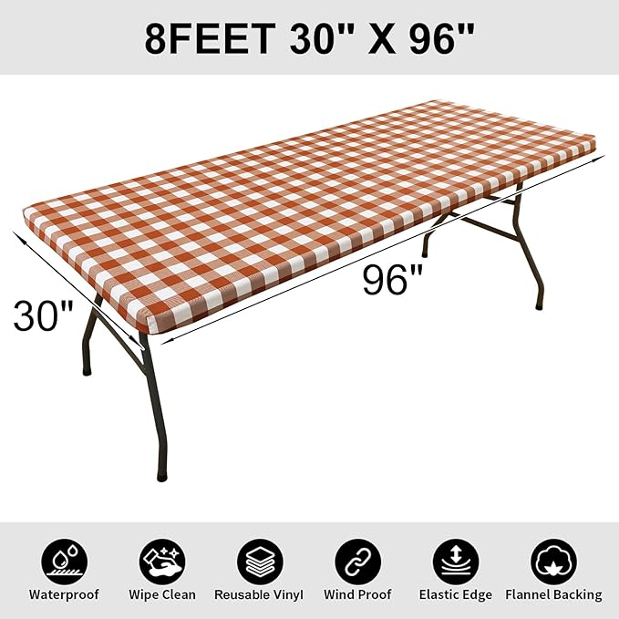 Smiry Rectangle Picnic Table Cloth, Elastic Waterproof Fitted Vinyl Tablecloths, Flannel Backed Buffalo Plaid Table Covers for Dining, Camping, Outdoor, Thanksgiving (White and Rust, 30" x 96")