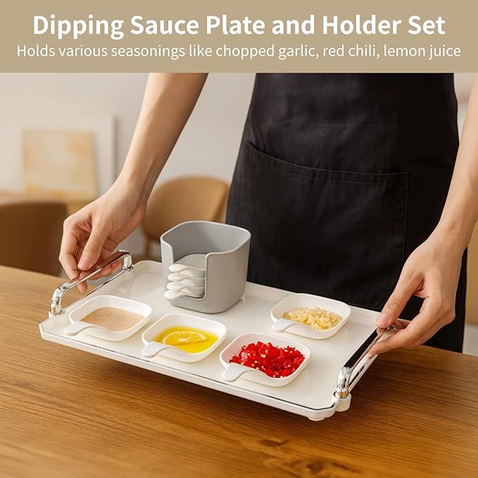 4 Set Dipping Sauce Plate and Holder Set, Plastic Dipping Dish with Storage Box, Mini Dipping Bowls with Handle for Ketchup, Soy, Barbecue, Condiments, Snacks, Fruits, Party