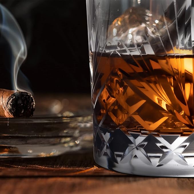 SHOSHIN Hand Cut Whiskey Glasses - Rocks Glasses Set 4- Old Fashioned glass 13Oz, Clear Crystal Whiskey Bourbon Glass, Handmade gifts Scotch Glass, Bar Glasses