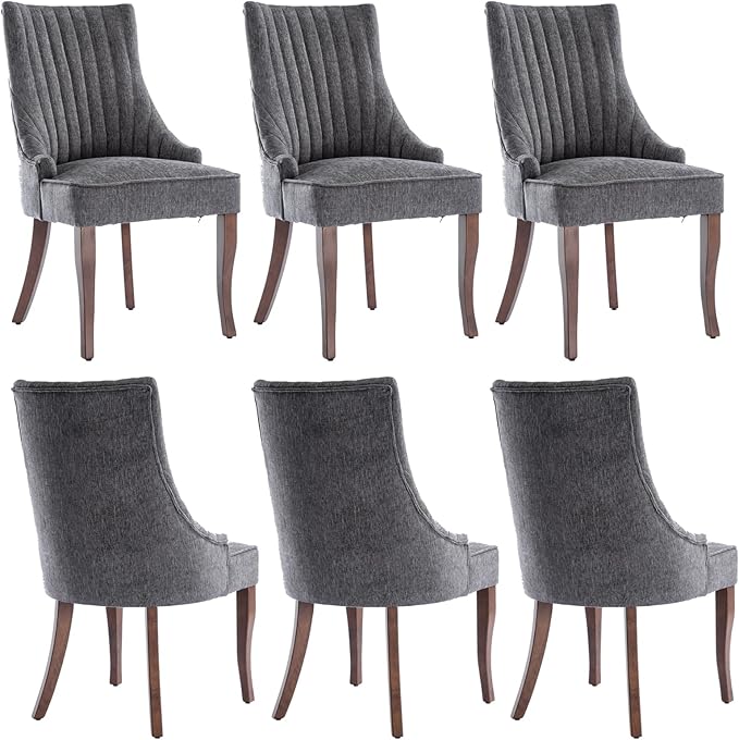 mikibama Linen Dining Chairs Set of 6 Channel Tufted Kitchen Dinner Chair Comfy Fabric Upholstered Accent Chair for Dining Room with Solid Wood Legs (Grey 6pc)
