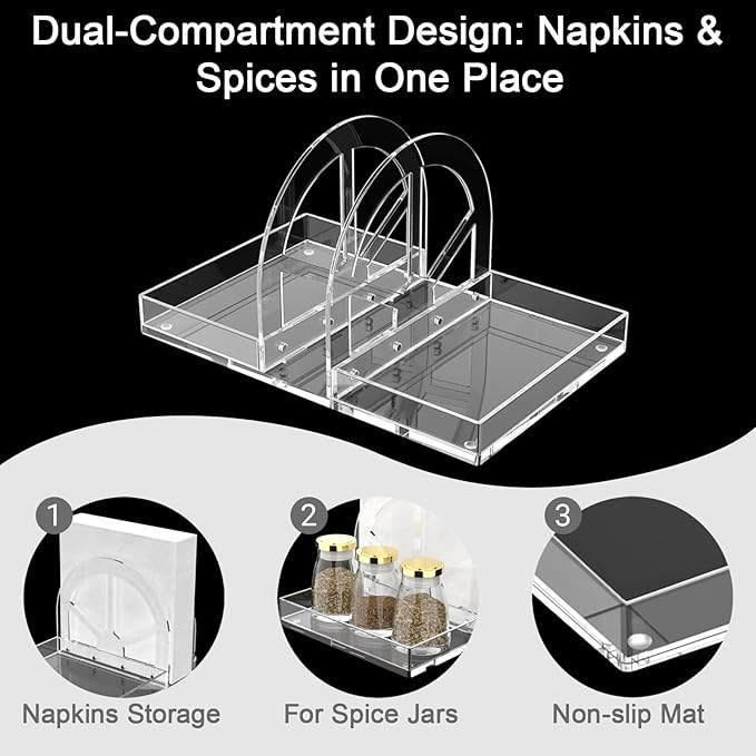 YAGELI Acrylic Napkin Holder with Storage, Clear Modern Napkin Dispenser with Magnetic Installation for Kitchen, Dining Table, Restaurant, Bar, Office & Party （Two Tray）