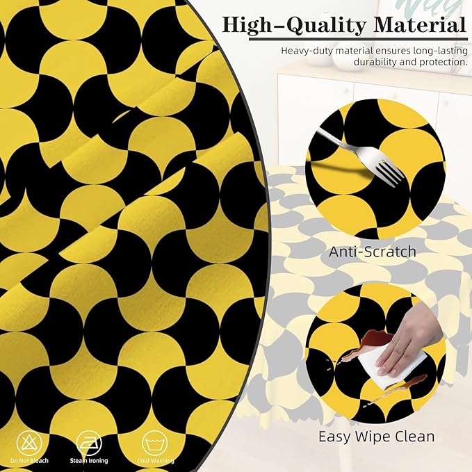 Laeacco 60 Inch Geometric Round Tablecloth Black and Gold Abstract Pattern Modern Art Print Table Cloth Washable Waterproof Wrinkle Free Table Cover for Kitchen Dining Picnic Party Decoration