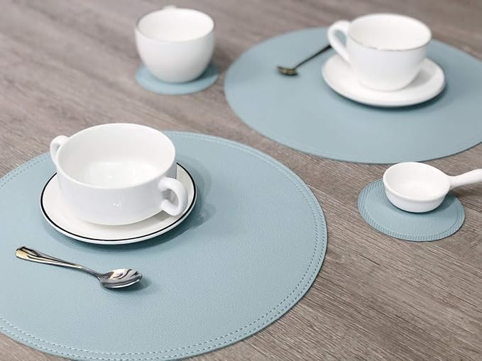 Set of 8 Faux Leather Round Placemats and Coasters, Coffee Mats Kitchen Table Mats, Waterproof, Easy to Clean for Kitchen Dining Round Table