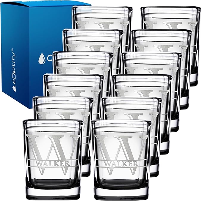 Personalized Square Shot Glasses Set of 12 Black Bottom 2oz Engraved Initial and Name Custom Gifts, Weddings, Birthdays, Party, Event, Decorations