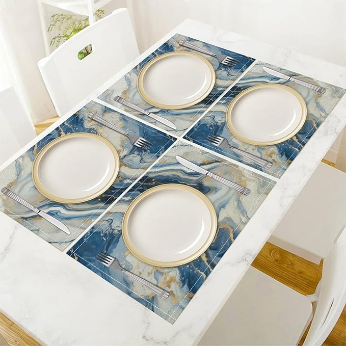 Marble Linen Placemats Set of 2, Modern Luxury Foil Texture Blue White Gold Marble 12x17 Inch Washable Table Mats Non Slip Placemats for Wedding Party Kitchen Banquets Dining Decoration
