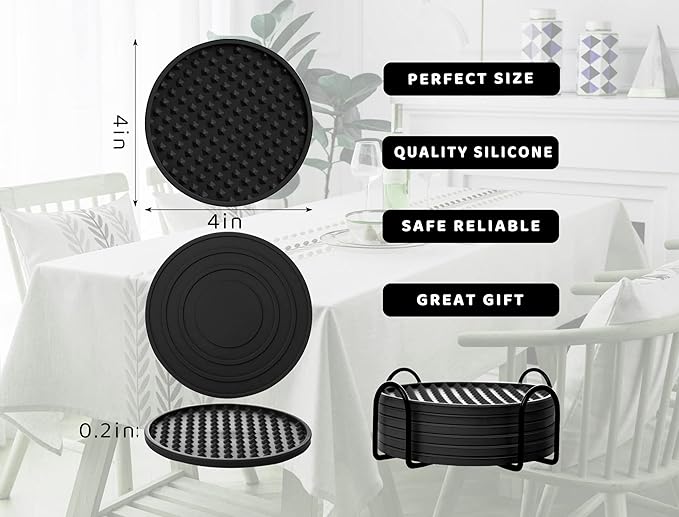 Coasters for Drinks 6 Pack Drinking Coaster with Holder,Heat Resistant Silicone Cup Mat Tabletop Protection,Non-Slip Rubber Coasters for Kinds of Cups (Black)