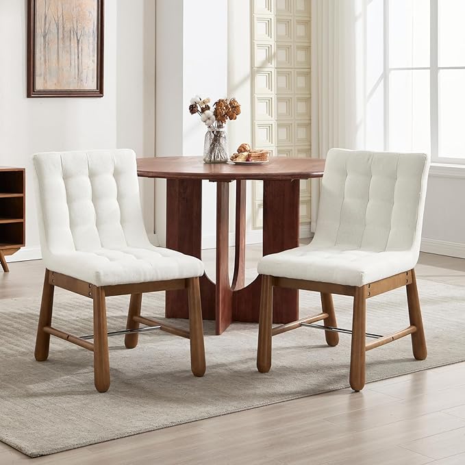 CIMOTA Modern Tufted Dining Chairs Set of 2 for Kitchen, Farmhouse White Linen Fabric Kitchen & Dining Room Side Chairs with Cushion Back, Oak Wooden Frame, Thickened Upholstered