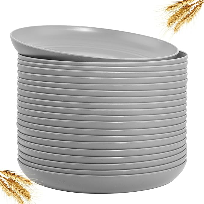 LIYH 20 Pcs Grey Wheat Straw Plastic Plates - 9 Inch Unbreakable Dinner Plate Reusable - Dishwasher & Microwave Safe, Camping Outdoor Plates