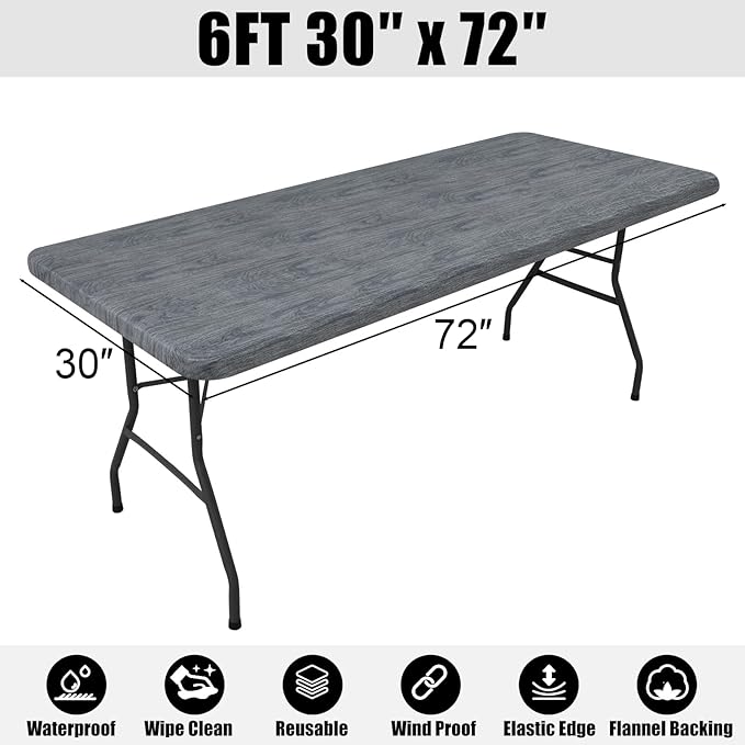 Smiry Rectangle Table Cloth Cover, Waterproof Elastic Fitted Picnic Tablecloth for 6 Foot Tables, Wipeable Flannel Backed Vinyl Tablecloths for Camping, Dining, Outdoor (Dark Grey, 30" x 72")