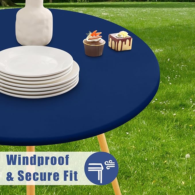 Round Spandex Tablecloth, Elastic Fitted Waterproof Tablecloths for 36"-44" Tables, Stretch Washable Picnic Table Cover for Camping, Dining, Indoor and Outdoor, Navy