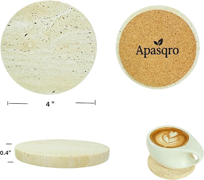 Natural Travertine Stone Coasters Set of 4 with Cork Backing – 4” (10cm) Round Absorbent Drink Coasters, Non-Slip Coffee Table Protectors, Rustic Farmhouse & Modern Décor, Gift-Ready