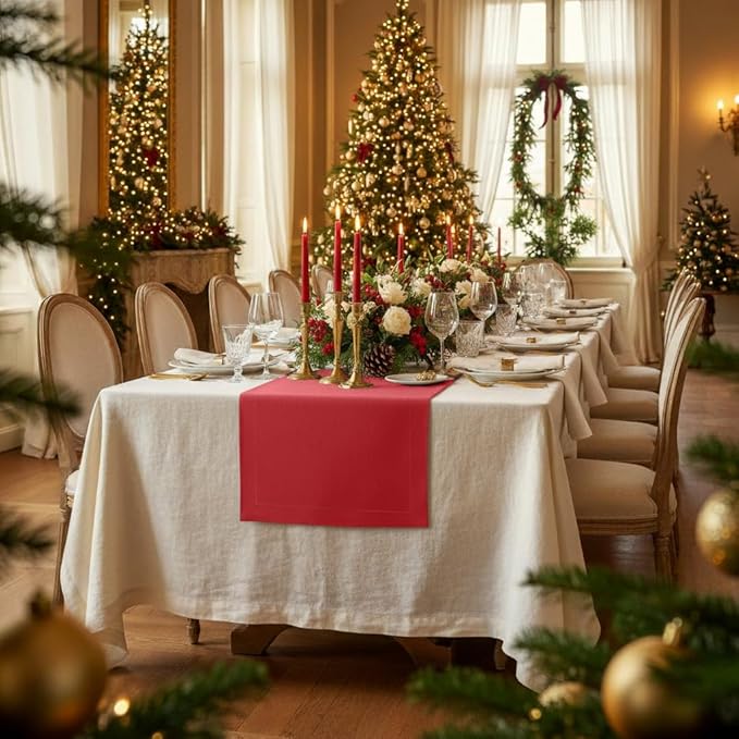 D'Moksha Homes Linen Table Runner 48 Inches - 100% Pure Linen Bright Red Table Runner 14 x 48 Inch for Coffee Tables, Dresser, Valentines, Spring, Easter - Machine Washable