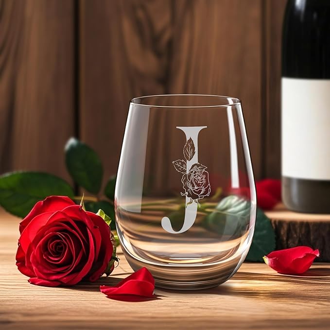 Valentines Day Gifts for Her, Gifts for Women Her Friend Mom Grandma Wife Sister Bridesmaid Nurse, Birthday Galentines Mothers Day Christmas, Personalized Initial Customized Wine Glasses 18OZ(J)