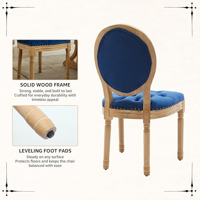 Vintage French Dining Chairs Set of 4, Round Back Velvet Upholstered Accent Chairs with Nailhead Trim and Solid Wood Frame, Elegant Sillas de Comedor for Dining Room & Kitchen, Blue