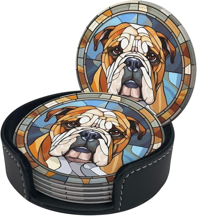 Drink Coaster Set of 6, Bulldog Dog Mom Lover Gift,Leather Drink Coasters with Holder,6 Pack Cup/Bar/Drink Coasters for Table/Drinks/Coffee Protection Housewarming Gift