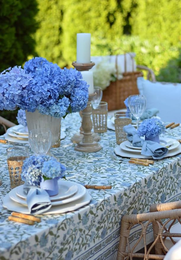 ATOSII Mahoka Blue 100% Cotton Round Tablecloth, Block Print Floral Table Cloth for Dining, Parties, Weddings, Outdoors, Holidays I 72" Inches, 4 Seater I Grandmillennial Farmhouse Boho Summer