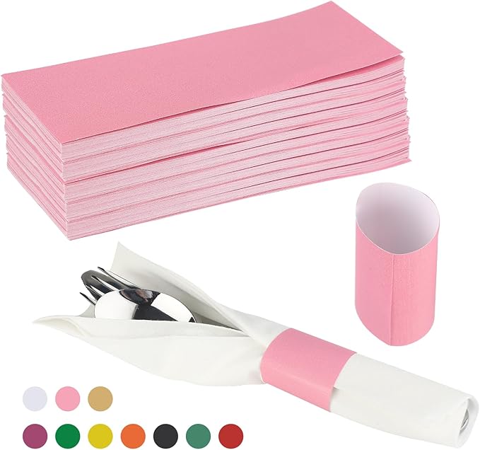 Germiwipe Paper Napkin Band Box of 500,Napkin Rings Self Adhesive,Silverware Wraps Bands Perfect for Birthday Parties, Weddings, Family Reunion & Events(Pink-500pcs)