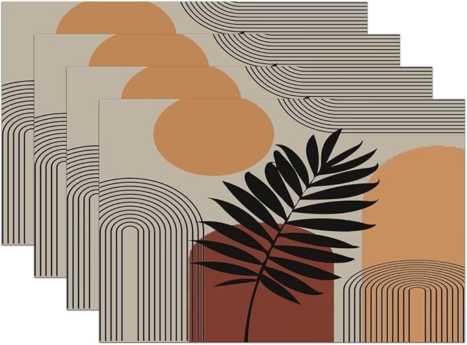 Art Boho Mid Century Placemats, Sun Brown Leaves Rainbow Color Blocks Modern Washable Place Mats 12x18Inch for Dining Kitchen Farmhouse Decor 6 PCS