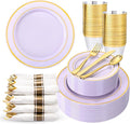 350PCS Purple Plates Disposable - Purple Plastic Plates 50Guests Lavender Disposable Dinnerware Sets with Rolled Napkins for Wedding/Birthday/Baby Shower/Easter
