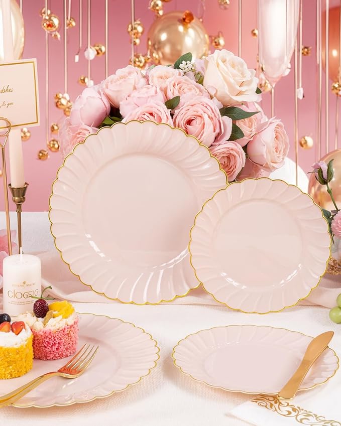 YOUBET 175PCS Pink Scalloped Plastic Plates - Gold Disposable Dinnerware Set Include 50 Plates, 75 Gold Silverware, 25 Cups, 25 Napkins for Party & Wedding & Baby Shower Valentines Day