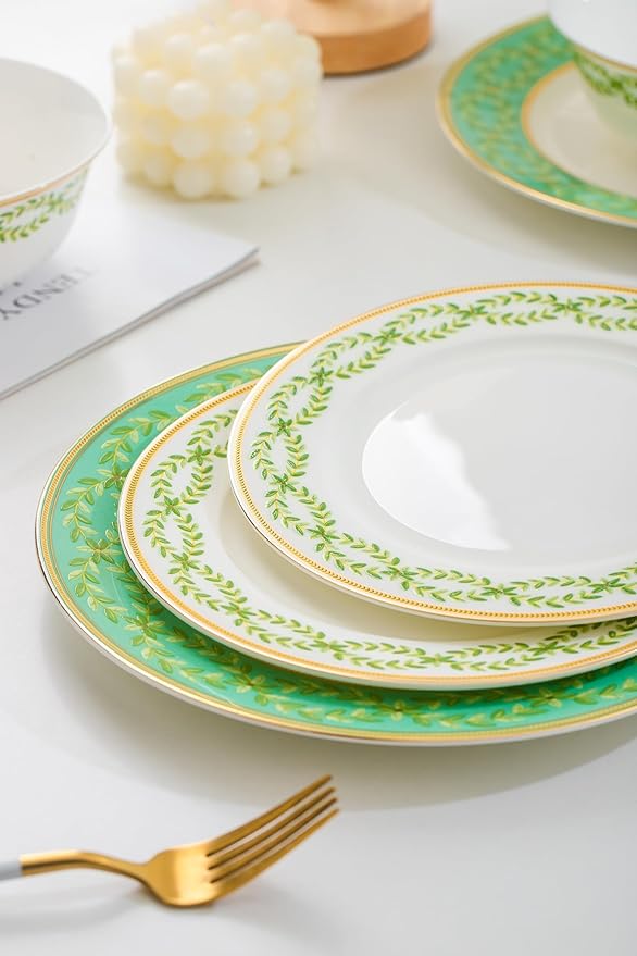 High Bone China Dinnerware Set, 12-Piece Artistic Green Plates and Bowls, Lightweight & Chip Resistant Ceramic Service for 4, Dishwasher Safe Elegant Kitchen Dining