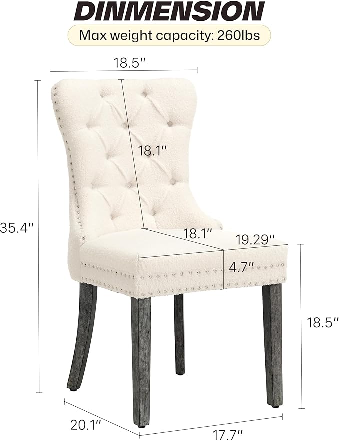KCC Boucle Dining Chairs Set of 6, Upholstered High-end Tufted Dining Room Chair with Nailhead Back Ring Pull Trim Solid Wood Legs, Contemporary Nikki Collection Modern Style for Kitchen, Cream