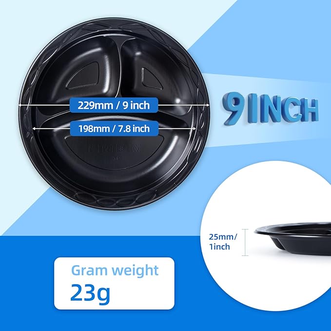 YANGRUI Disposable Plates BPA Free 9 Inch 150 Pack - Shrink Wrap Food Grade Mineral Filled PP | Reusable Microwave Safe Heat-Retention Design | Commercial Restaurant Black 3 Compartment Plastic Plate