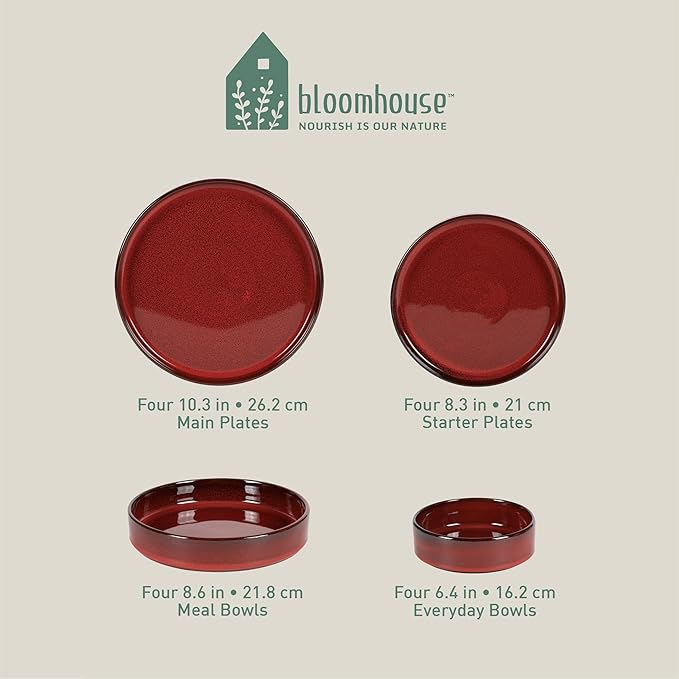 Bloomhouse - Two Time Oprah's Favorite Things Winner - Santorini Mist Double Bowl Terracotta Reactive Glaze Plates and Bowls Dinnerware Set - Garnet Red, Service for Four (16pcs)