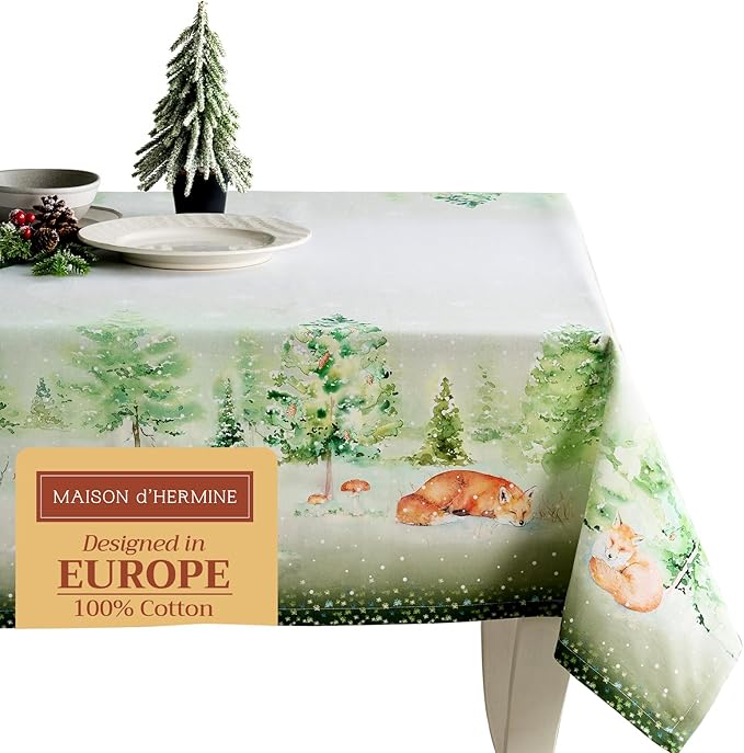 Maison d' Hermine Table Cloth Square Table 100% Cotton 54 x 54 Inches Fall Tablecloth Reusable Everyday Use for Thanksgiving Christmas Decorations Dining Farmhouse Party (Winter Mornings)