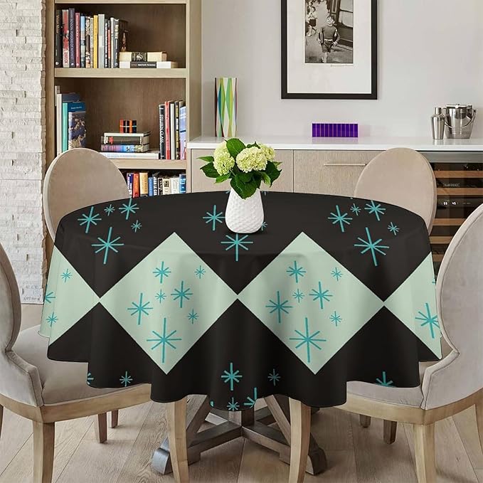 Retro Bohemian Mid Century Round Tablecloth, Abstract Modern Geometric Mid Century Tablecloth for Home Party Dining Room Kitchen Decor 70Inch(178cm)