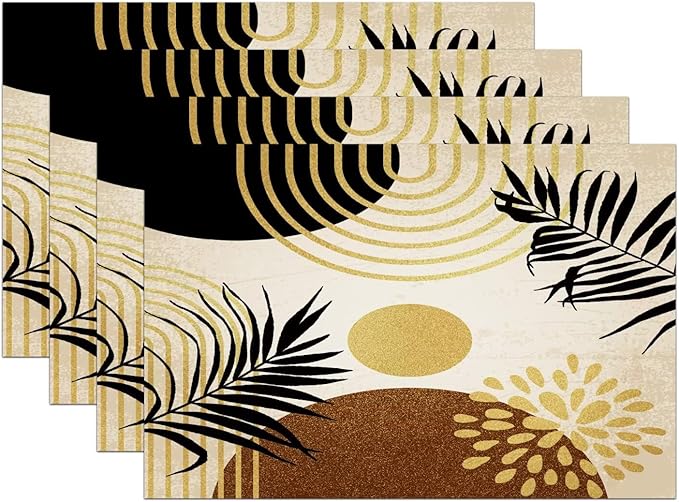 Boho Mid Century Placemats Abstract Golden Dots Leaves Modern Geometric Minimalist Aesthetic Washable Place Mats 12x18Inch for Dining Kitchen Farmhouse Decor 4 PCS