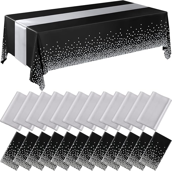 Breling 24 Packs Black and Silver Disposable Plastic Tablecloths and Satin Table Runner Set, 54 x 108 Inch Tablecloth, 12 x 108 Inch Table Runners for Wedding Graduation Birthday Baby Shower
