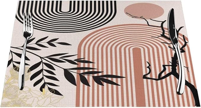 Abstract Mid Century Plant Placemats Boho Retro Tropical Palm Sun Arch Minimalist Modern Aesthetic Geometric Washable Place Mats 12x18Inch for Dining Kitchen Farmhouse Decor 4 PCS