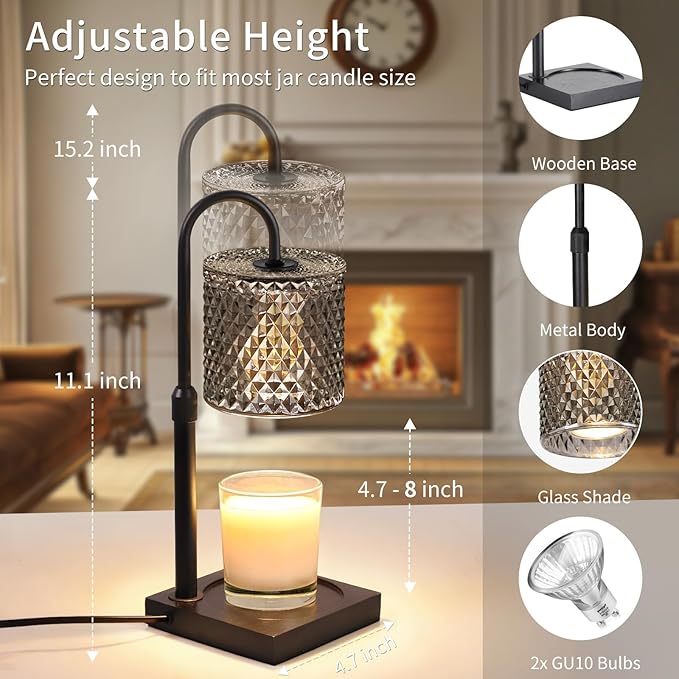 Candle Warmer Lamp with Timer Dimmer Adjustable Height, Candle Warmer with 2 Bulbs for Jar Candles, Home Decor, for Women Birthday