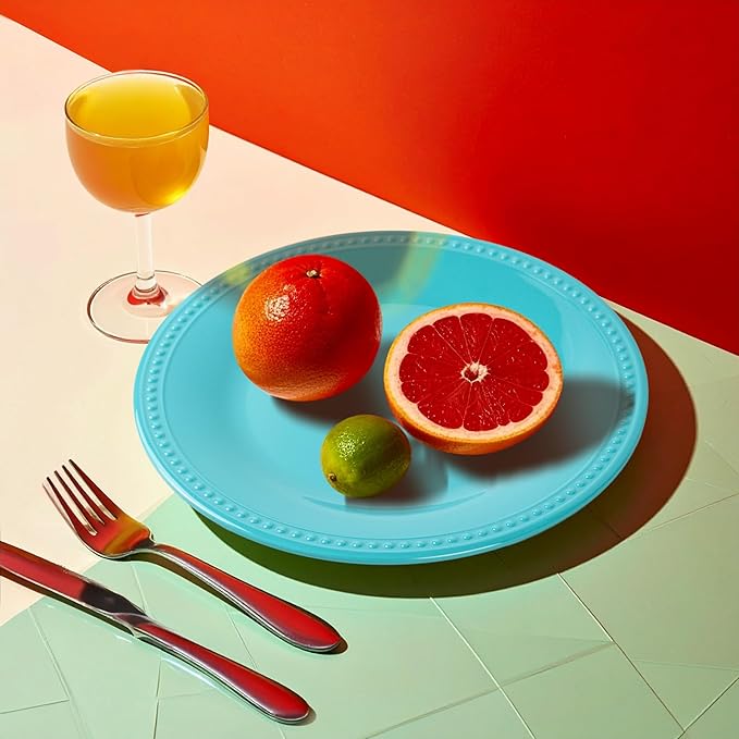Melamine Beaded Dinner Plate Set of 6, 11inch, Aqua, BPA Free, Platter, Serving Dishes, Chip & Break Resistant, Lightweight, Durable, Great for Dining, BBQs, Picnics, Weddings & Everyday Meals